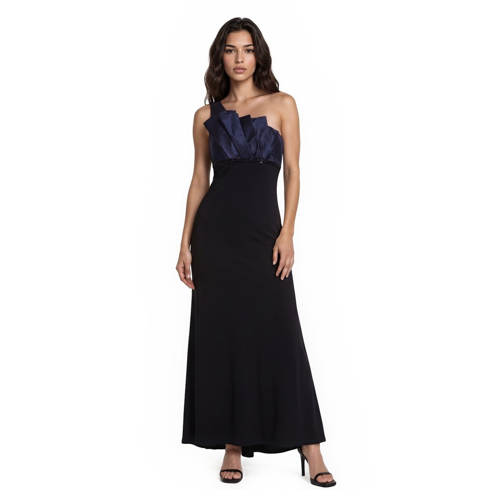 Carmen Marc Valvo Maxi Dress Women's Size 6 Blue Silk One Shoulder Beaded Formal